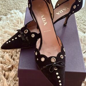 Prada Black Kitten Heel Shoes with Stud Embellishments